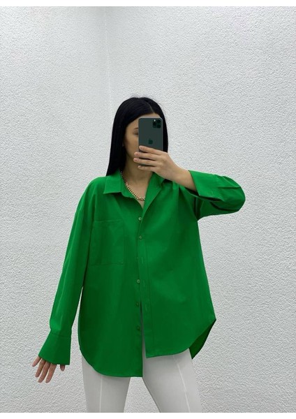 Oversize Balon Kol Pile Detaylı Uzun Basic Kadın Gömlek
