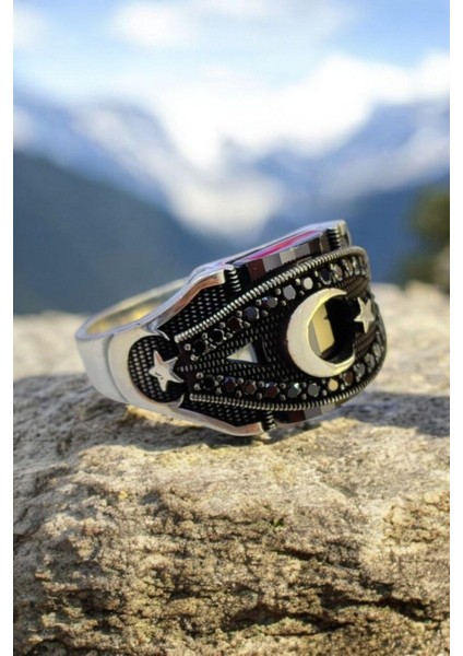 925 Ayar Gümüş Mikro Taşlı Ay Yıldız Erkek Yüzük, Ay Yıldızlı Yüzük