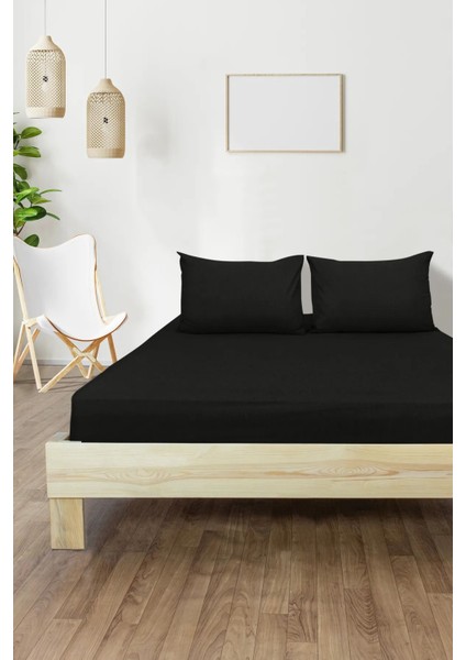 Düz Siyah Çift Kişilik Lastikli Çarşaf Seti Battal Boy 180 x 200 - 2 Adet Kapitoneli Yastık Koruyucu