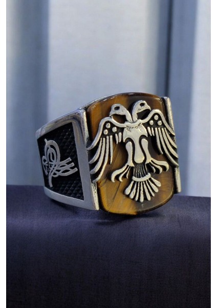 925 Ayar Gümüş Kaplangözü Taşlı Selçuklu Kartallı Erkek Yüzük