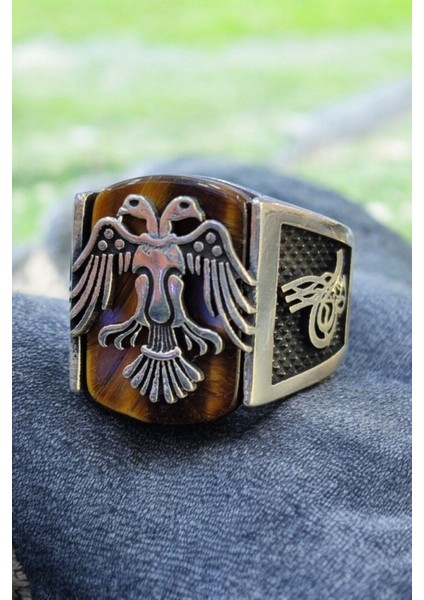 925 Ayar Gümüş Kaplangözü Taşlı Selçuklu Kartallı Erkek Yüzük fiyatları