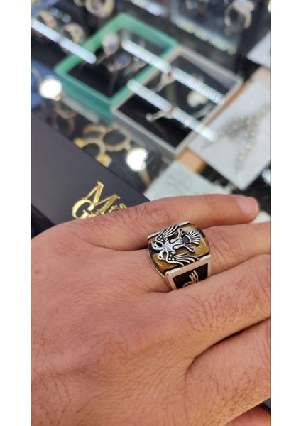 925 Ayar Gümüş Kaplangözü Taşlı Selçuklu Kartallı Erkek Yüzük modelleri