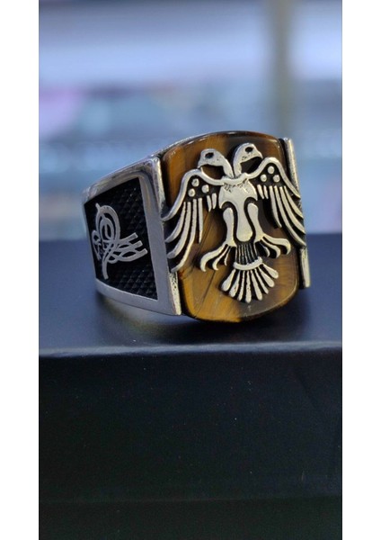 925 Ayar Gümüş Kaplangözü Taşlı Selçuklu Kartallı Erkek Yüzük indirimleri