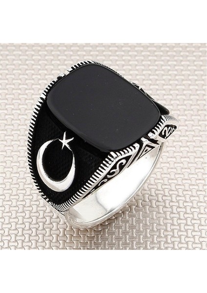 925 Ayar Gümüş Taşlı Ay Yıldızlı Erkek Yüzük
