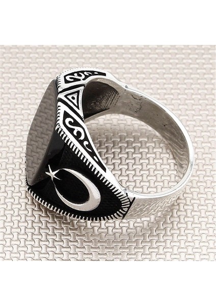 925 Ayar Gümüş Taşlı Ay Yıldızlı Erkek Yüzük fiyatları