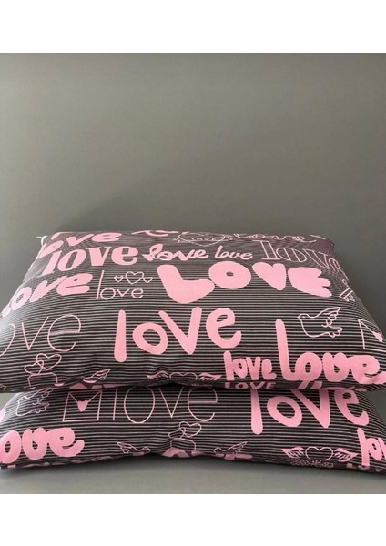 Love Desen Yastık Kılıfı 2 Adet + Kapitoneli Yastık Koruyucu 50 x 70 - 2 Adet