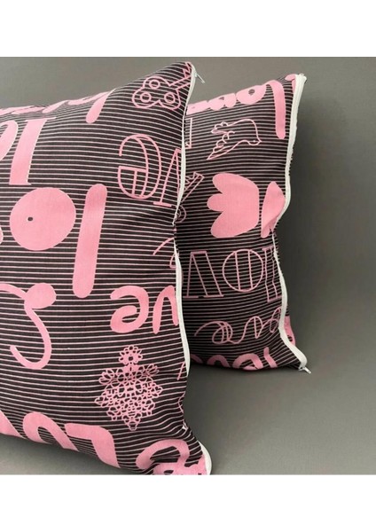 Love Desen Yastık Kılıfı 2 Adet + Kapitoneli Yastık Koruyucu 50 x 70 - 2 Adet