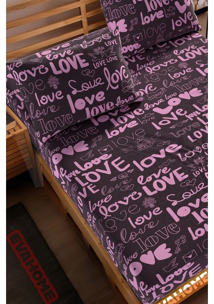 Love Desen Çift Kişilik Lastikli Çarşaf Seti Battal Boy 180 x 200 - 2 Adet Kapitoneli Yastık Koruyucu
