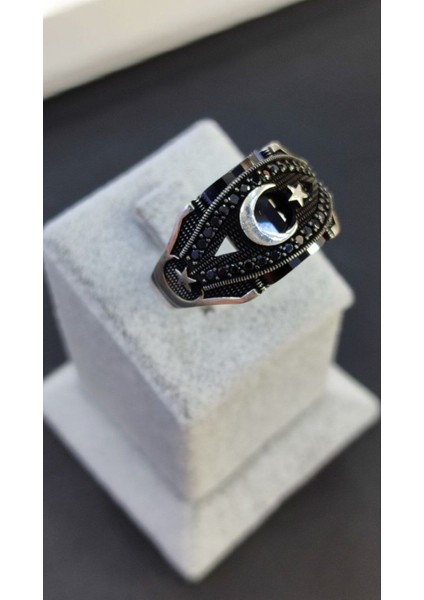 925 Ayar Gümüş Mikro Taşlı Ay Yıldız Erkek Yüzük, Ay Yıldızlı Yüzük modelleri