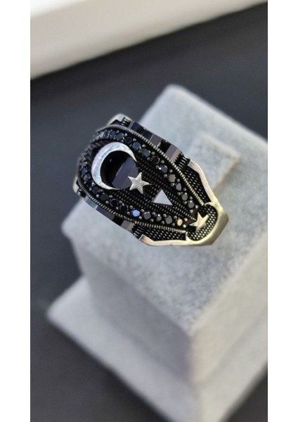 925 Ayar Gümüş Mikro Taşlı Ay Yıldız Erkek Yüzük, Ay Yıldızlı Yüzük fırsatları