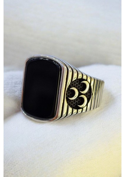 925 Ayar Gümüş Oniks Taşlı Üç Hilal Erkek Yüzük fiyatları