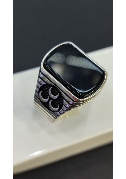 925 Ayar Gümüş Oniks Taşlı Üç Hilal Erkek Yüzük modelleri
