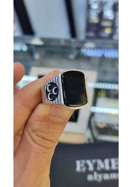 925 Ayar Gümüş Oniks Taşlı Üç Hilal Erkek Yüzük indirimleri