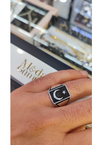 925 Ayar Gümüş Ay Yıldızlı Erkek Yüzük modelleri