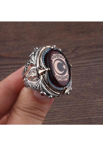 Zorbey Şah Modeli Kehribar Ay Yıldızlı 925 Ayar Gümüş Erkek Yüzük, Ayyıldızlı Yüzük