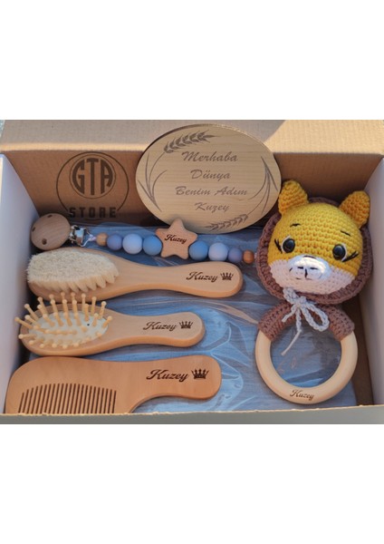 İsme Özel %100 Keçi Kılı Fırça tarak seti bambu Masaj Tarağı, Şimşir Tarak,emzik Zinciri,amigurumi,müslin Battaniye ve Bez Saklama Çantası Bebek Seti