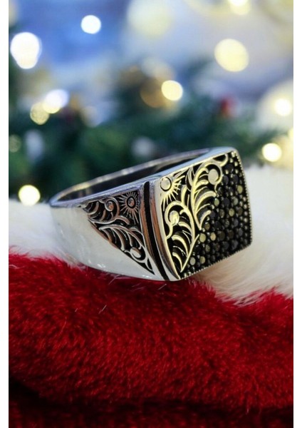 925 Ayar Gümüş Mikro Taşlı El Işlemeli Erkek Yüzük