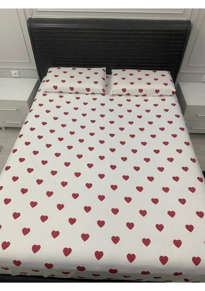 Kalp Desen Çift Kişilik Lastikli Çarşaf Seti Battal Boy 180 x 200 - 2 Adet Kapitoneli Yastık Koruyucu