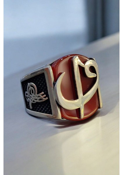 925 Ayar Gümüş Akik Taşlı Elif Vav Erkek Yüzük