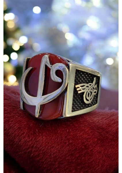 925 Ayar Gümüş Akik Taşlı Elif Vav Erkek Yüzük fiyatları