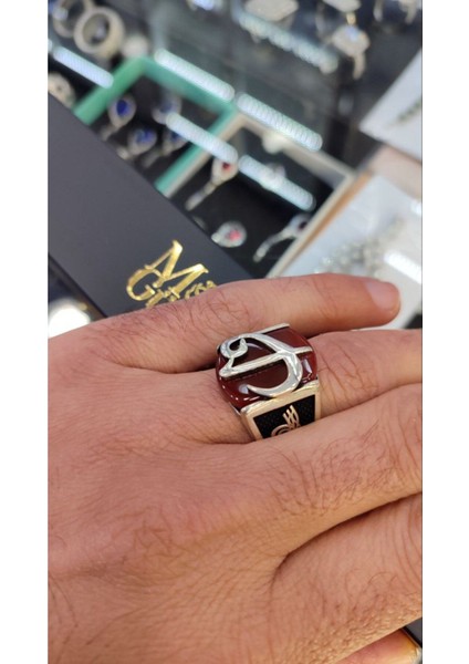 925 Ayar Gümüş Akik Taşlı Elif Vav Erkek Yüzük indirimleri