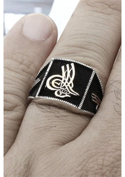 925 Ayar Gümüş Osmanlı Tuğralı Erkek Yüzük - Siyah Işlemeli, Şık ve Anlamlı Tasarım fiyatları
