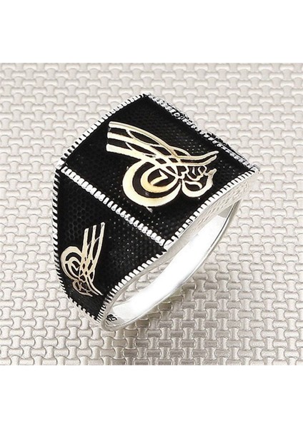 925 Ayar Gümüş Osmanlı Tuğralı Erkek Yüzük - Siyah Işlemeli, Şık ve Anlamlı Tasarım modelleri