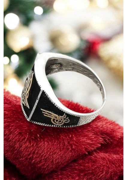 925 Ayar Gümüş Osmanlı Tuğralı Erkek Yüzük - Siyah Işlemeli, Şık ve Anlamlı Tasarım fırsatları