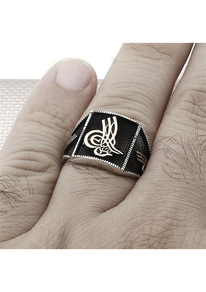 925 Ayar Gümüş Osmanlı Tuğralı Erkek Yüzük - Siyah Işlemeli, Şık ve Anlamlı Tasarım indirimleri