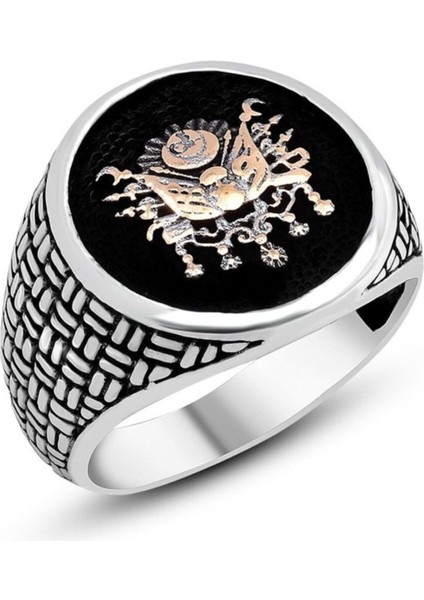 925 Ayar Gümüş Hasır Desenli Osmanlı Devlet Armalı Yüzük