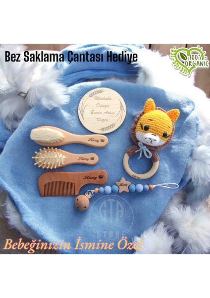 İsme Özel %100 Keçi Kılı Fırça tarak seti bambu Masaj Tarağı, Şimşir Tarak,emzik Zinciri,amigurumi,müslin Battaniye ve Bez Saklama Çantası Bebek Seti fiyatları