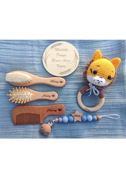 İsme Özel %100 Keçi Kılı Fırça tarak seti bambu Masaj Tarağı, Şimşir Tarak,emzik Zinciri,amigurumi,müslin Battaniye ve Bez Saklama Çantası Bebek Seti fırsatları