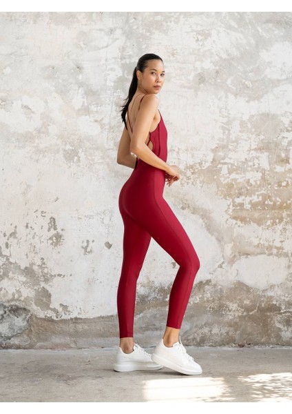 Bordo Ip Askılı Spor Tayt Tulum