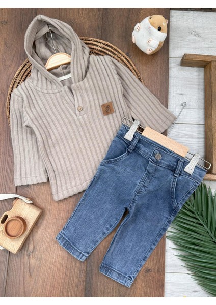 Yumuşak Doku Sweatshirt Esnek Kot Pantalonlu Erkek Bebek 2'li Takım