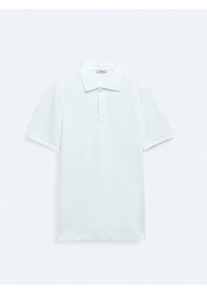 Beyaz Düz Polo Yaka Pamuk T-Shirt