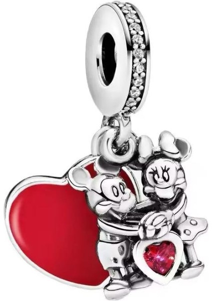 Gümüş S925 Damgalı Mickey Mouse & Minnie Mouse Aşk Sallantılı Charm