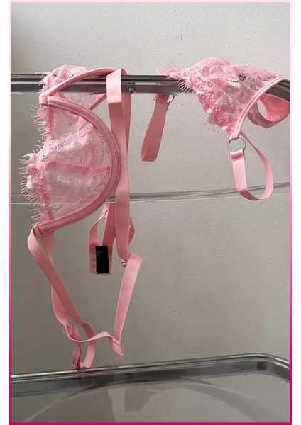 Kadın Pembe Dantelli Balenli Sütyen Külot Takım indirimleri