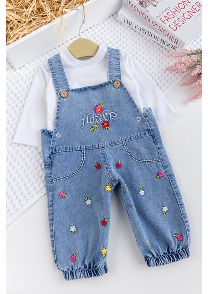 Kız Bebek Çiçek Nakışlı Pamuklu 2'li Denim Şık Kot Salopet Tulum Takım