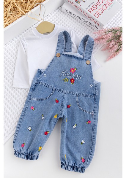 Kız Bebek Çiçek Nakışlı Pamuklu 2'li Denim Şık Kot Salopet Tulum Takım