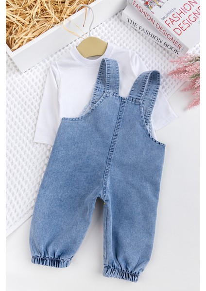 Kız Bebek Çiçek Nakışlı Pamuklu 2'li Denim Şık Kot Salopet Tulum Takım
