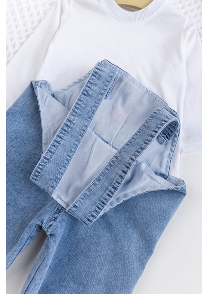 Kız Bebek Çiçek Nakışlı Pamuklu 2'li Denim Şık Kot Salopet Tulum Takım