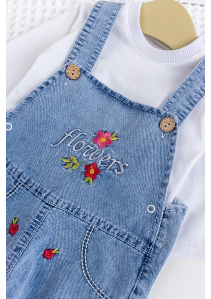 Kız Bebek Çiçek Nakışlı Pamuklu 2'li Denim Şık Kot Salopet Tulum Takım