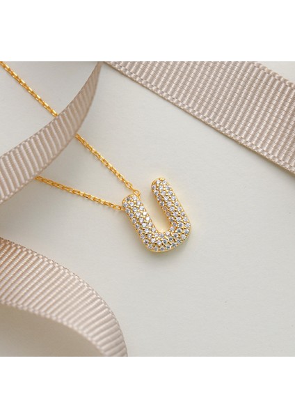 925 Ayar Sarı Altın Kaplama Harfli -- U Harfi Gümüş Kolye