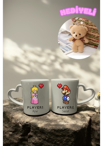 Süper Mario Temalı Çift Bardak - Sevgililere Özel 2'li Set Ayıcık Hediyeli Romantik Hediye