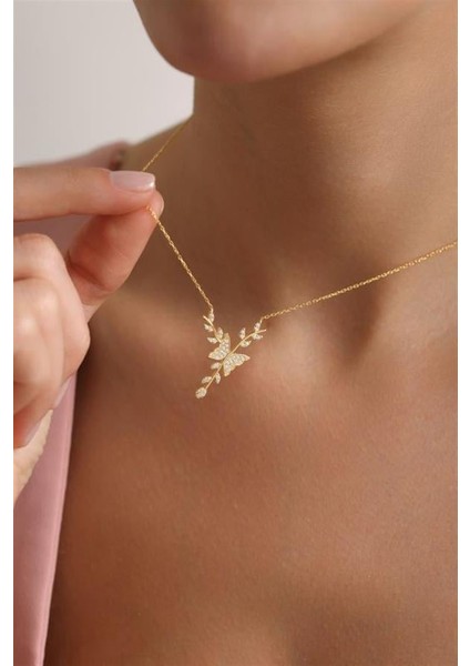 925 Ayar Gümüş Gold Kaplama Daldaki Kelebek Kolye