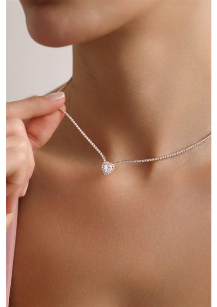 925 Ayar Gümüş Rose Kaplama Beyaz Taşlı Suyolu Kolye