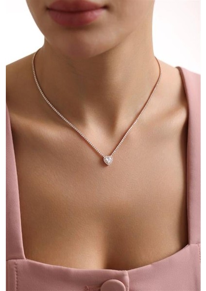 925 Ayar Gümüş Rose Kaplama Beyaz Taşlı Suyolu Kolye modelleri