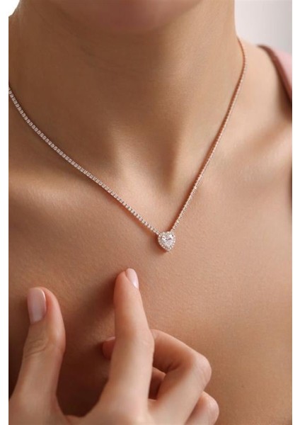 925 Ayar Gümüş Rose Kaplama Beyaz Taşlı Suyolu Kolye indirimleri