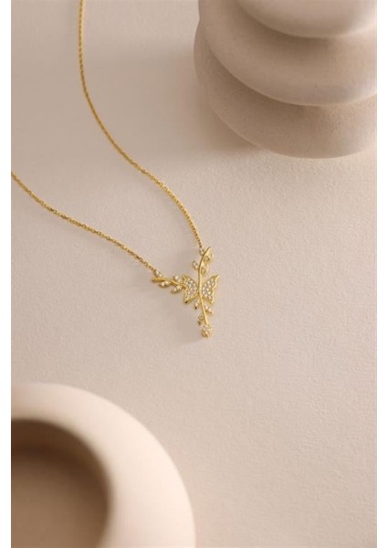 925 Ayar Gümüş Gold Kaplama Daldaki Kelebek Kolye fırsatları