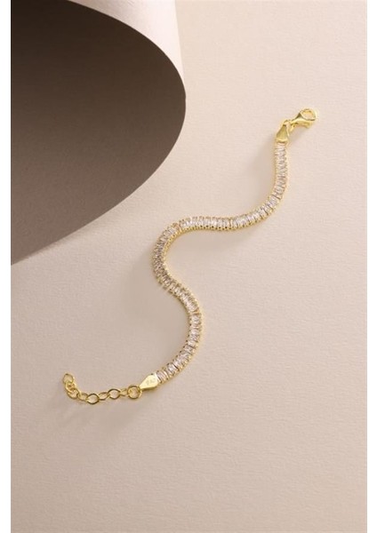 925 Ayar Gümüş Gold Kaplama Baget Taşlı Suyolu Model Bileklik